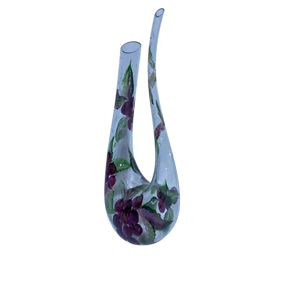 Hand Painted Floral Wine Decanter by NEX Glass Artist Signed 13 Inch Tall